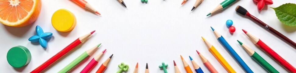 Naklejka premium Assorted colorful objects arranged on a white paper background, artistic, composition
