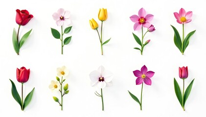 Assorted flower and grass flat icons on white background with rose, tulip, orchid, Espatifilo, bells flowers, Bellis perennis, bulb flowers,  plant,  variety