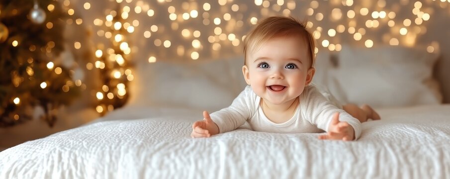Fototapeta Cute newborn baby laughing joyfully, with a bright, happy expression. The soft lighting and serene atmosphere create a heartwarming and cheerful wallpaper