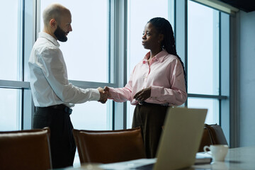 Business partners shaking hands and concluding a deal after meeting in boardroom