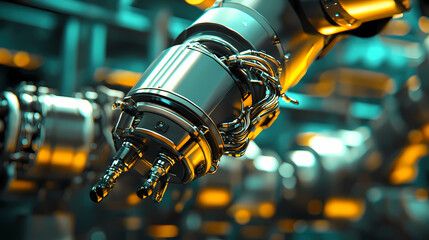 A futuristic robotic arm with intricate detailing and glowing elements, showcasing advanced technology in a modern industrial setting.