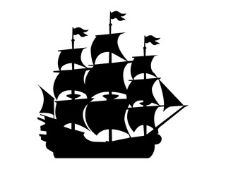 Pirate ship silhouette. Sailboat silhouette isolated on a white background.