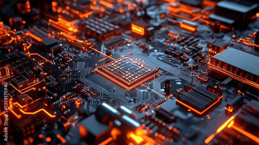 Poster cybercube and database 3d illustration. futuristic motherboard. digital circuit and quantum processo