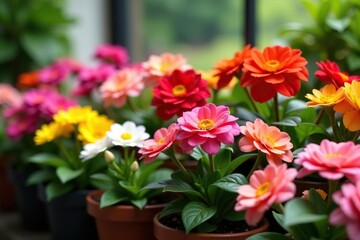 Fototapeta premium A vibrant array of potted plants showcasing a variety of colorful flowers in full bloom, arrangement, botanical