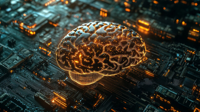 Brain. Cyber mind and Digital Neural Networks. Artificial intelligence in the civilization of the future. Fantastic 3D illustration