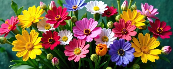A vibrant assortment of colorful flowers and green plants in various sizes and shapes, arranged beautifully in a bouquet,  diversity,  colorful