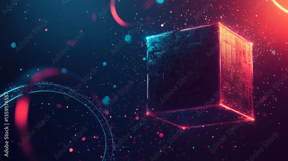 Poster background template with 3d cube geometric objects and planet rings circles. modern color graded tem