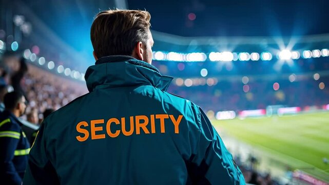 A security guard in a "SECURITY" outfit watches over a packed stadium while a soccer game is in progress.