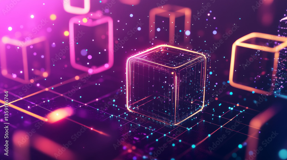 Poster background template with 3d cube geometric objects and planet rings circles. modern color graded tem