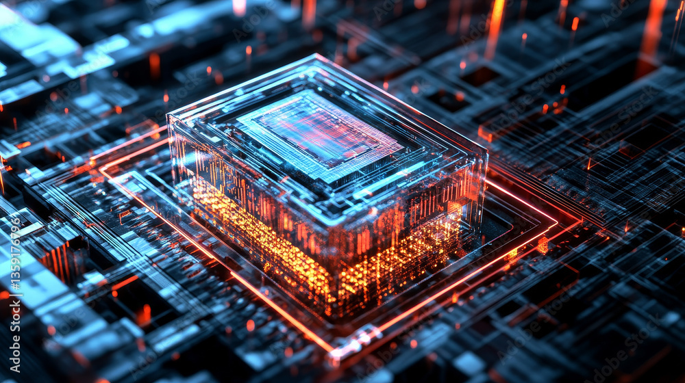 Poster abstract tech background 3d illustration. quantum computer architecture. futuristic technologies in 