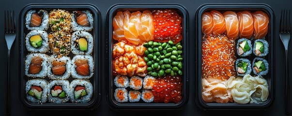 Three delicious sushi box meals with vibrant and colorful presentation