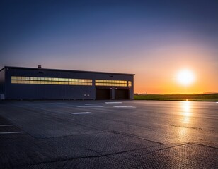 Modern Industrial Warehouse at Sunset with Clear Sky