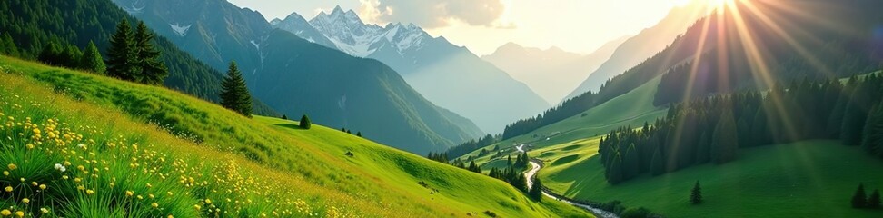 Obraz premium A stunning aerial shot of Fairy Meadows with lush green landscapes and Nanga Parbat in the background, bathed in golden light, high resolution 4K, Fairy Meadows, Pakistan