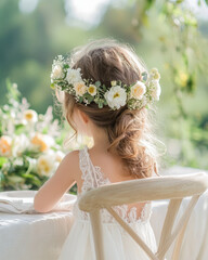 Naklejka premium Greece child - Floral Crowns and Nature: Take inspiration from Greece's natural beauty by creating a shoot with floral crowns, soft linens, and an outdoor location full of greenery. 