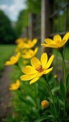 Obraz premium A vibrant display of yellow flowers blooming freely outside the garden fence, vibrant, colorful
