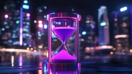 Hourglass in Neon Cityscape