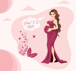 Graceful Pregnant Woman in Elegant Gown – Vector Illustration