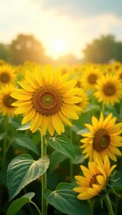 Fototapeta premium A vibrant field of sunflowers basking in the sunlight on a summer day, vibrant, field
