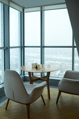 Interior of modern restaurant with panoramic windows