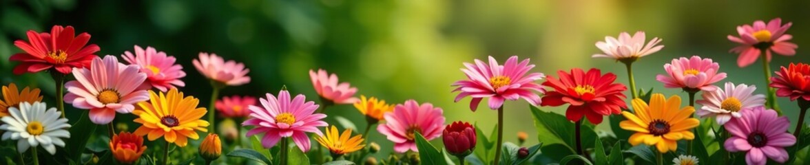 Fototapeta premium A stunning array of colorful flowers in full bloom in a flourishing garden, vibrant, foliage