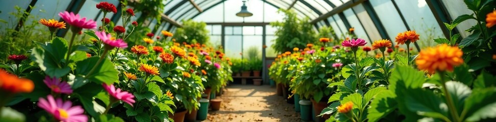 Fototapeta premium A vibrant greenhouse filled with a kaleidoscope of flowers and edible plants, nurturing biodiversity and essential for pollination, cultivation, environment