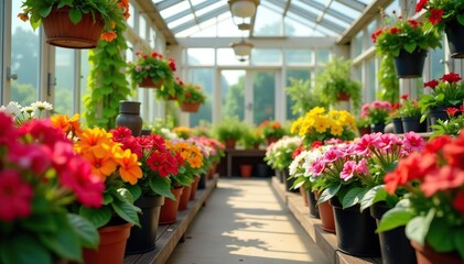 A vibrant greenhouse filled with blooming flowers and geraniums in decorative pots,  pots,  gardening