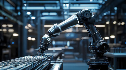 Naklejka premium A sleek robotic arm operates efficiently in a high-tech industrial setting, showcasing advanced automation technology.