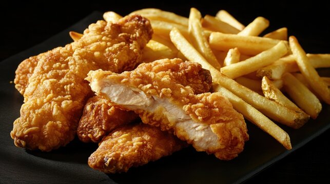 A mouth-watering dish of golden chicken tenders and crispy fries on a black plate, perfect for any meal.