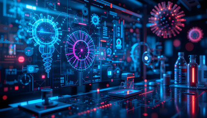 Fototapeta premium Abstract high-tech medical research background with digital immunology analysis, futuristic virus detection, and glowing AI-powered medical tools