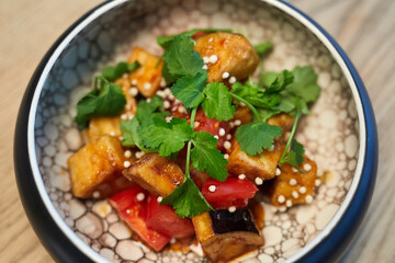Top view of vegetable salad serving in the restaurant