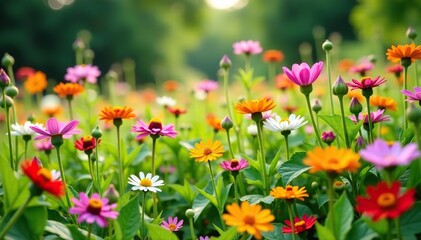 Obraz premium A stunning landscape filled with colorful wildflowers of various shapes and sizes, creating a natural and vibrant garden, vibrant, petals