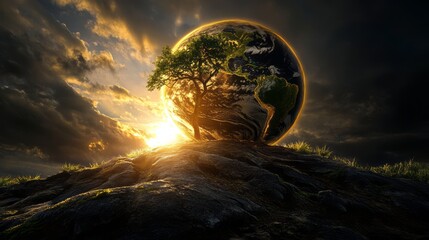 Earth Day. The Earth with the sun rising behind it, a tree growing on top of an island in front of the planet Earth, a cinematic scene with dark clouds, a global warming concept.