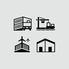 Factory and industrial building icons set in black silhouette design