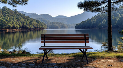 A bench overlooks a calm lake surrounded by forested hills under a bright sky Branches frame the scene Peaceful sceni