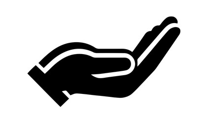 Black silhouette of a hand palm up, fingers bent creating bowl shape, symbol of begging, asking for help, charity, poverty, street donation, and support for people in need


