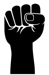 Black silhouette of a raised fist in graphic style, symbolizing Black Lives Matter (BLM) and the global fight against systemic racism and violence.

