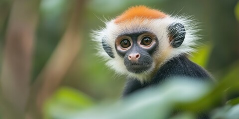 Fototapeta premium A small monkey with an orange face and black fur looking forward, surrounded by green foliage.