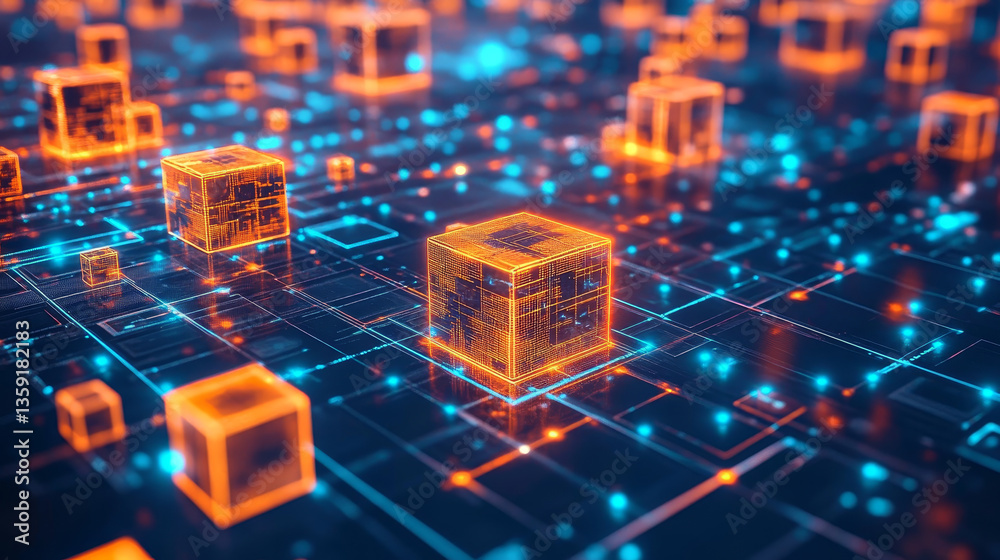 Poster 3d illustration of conducting transactions. blockchain technology. global decentralized database of 