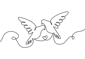 Two doves touching beaks with a heart symbol between them, captured in a continuous line design, love, peace, and harmony, affection and unity in a graceful manner.