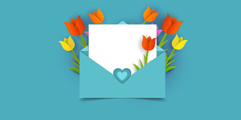 Mother's Day card, banner, poster, flyer, label or cover with tulips flowers and love letter, abstract floral frame style.Spring summer valentie's day abstract floral design template for ads and promo