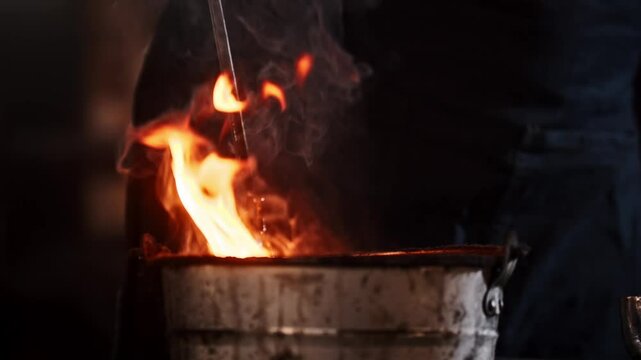 Blacksmith cooling metal in water
