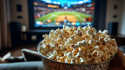 A bowl of popcorn held by a hand with a baseball game playing on a large television screen in the background in a livin