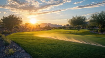 A professionally installed underground irrigation system watering a large lawn at sunset.