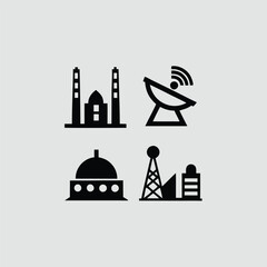 Factory and industrial building icons set in black silhouette design