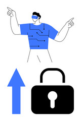 Person using VR headset pointing upward alongside a circuit-patterned shirt, upward arrow, and lock symbol. Ideal for technology, innovation, cybersecurity, progress, digital growth, futurism flat