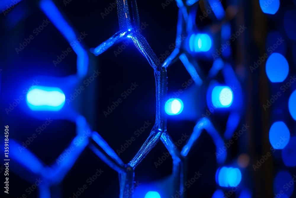 Poster Abstract blue hexagonal grid with glowing lights.