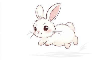 Fototapeta premium Cute cartoon rabbit jumping. Adorable white bunny in flight. Possible use Children's book illustration
