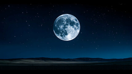 A bright moon illuminates a dark grassy field beneath a star-filled night sky Its a serene nocturnal scene