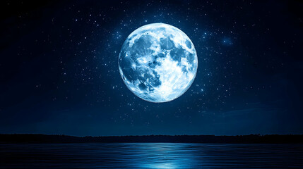 A brilliant full moon dominates the night sky over a calm lake reflecting light onto the rippling surface surrounded b