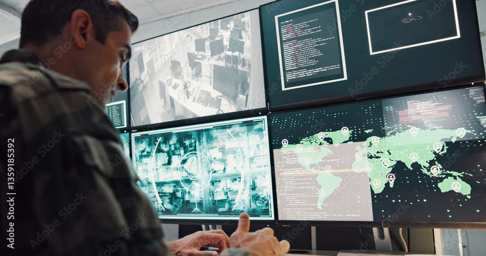 Poster man, soldier and typing with computer screen in control room, military battle and monitoring war. ar